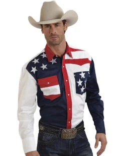Roper Men's Americana Collection Stars And Stripes Print Long Sleeve Pearl Snap Western Shirt