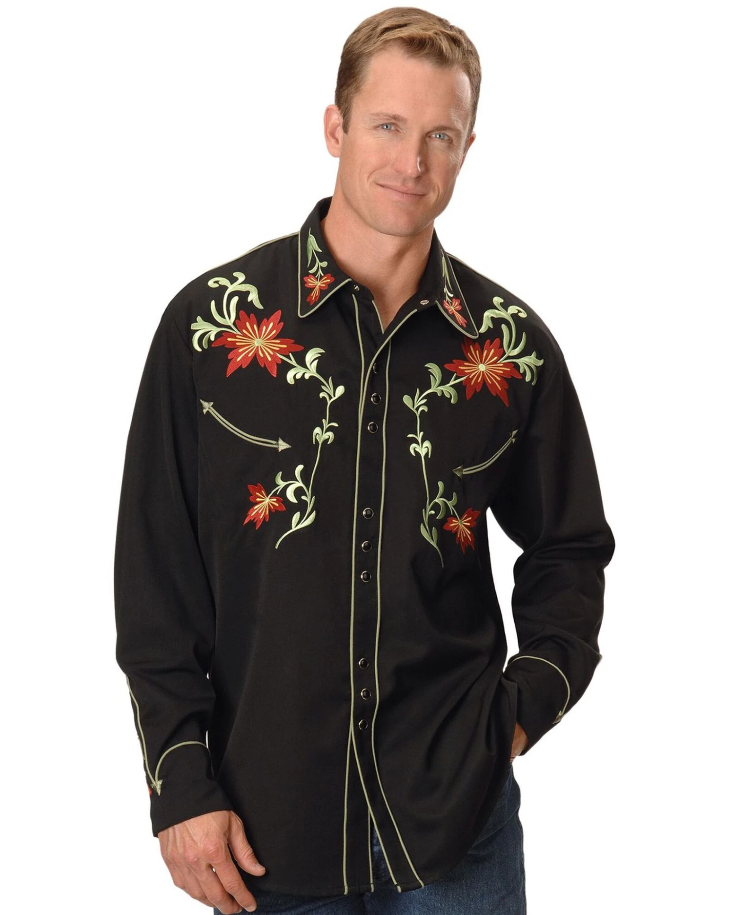 Scully Men's Floral Embroidered Vintage Long Sleeve Snap Western Shirt - Image 2