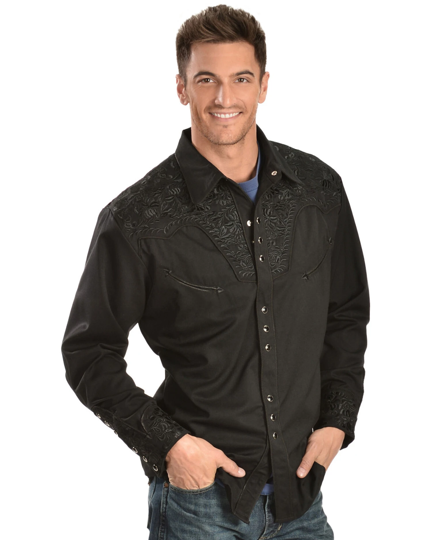 Scully Men's Black Floral Embroidered Retro Long Sleeve Western Shirt - Image 3