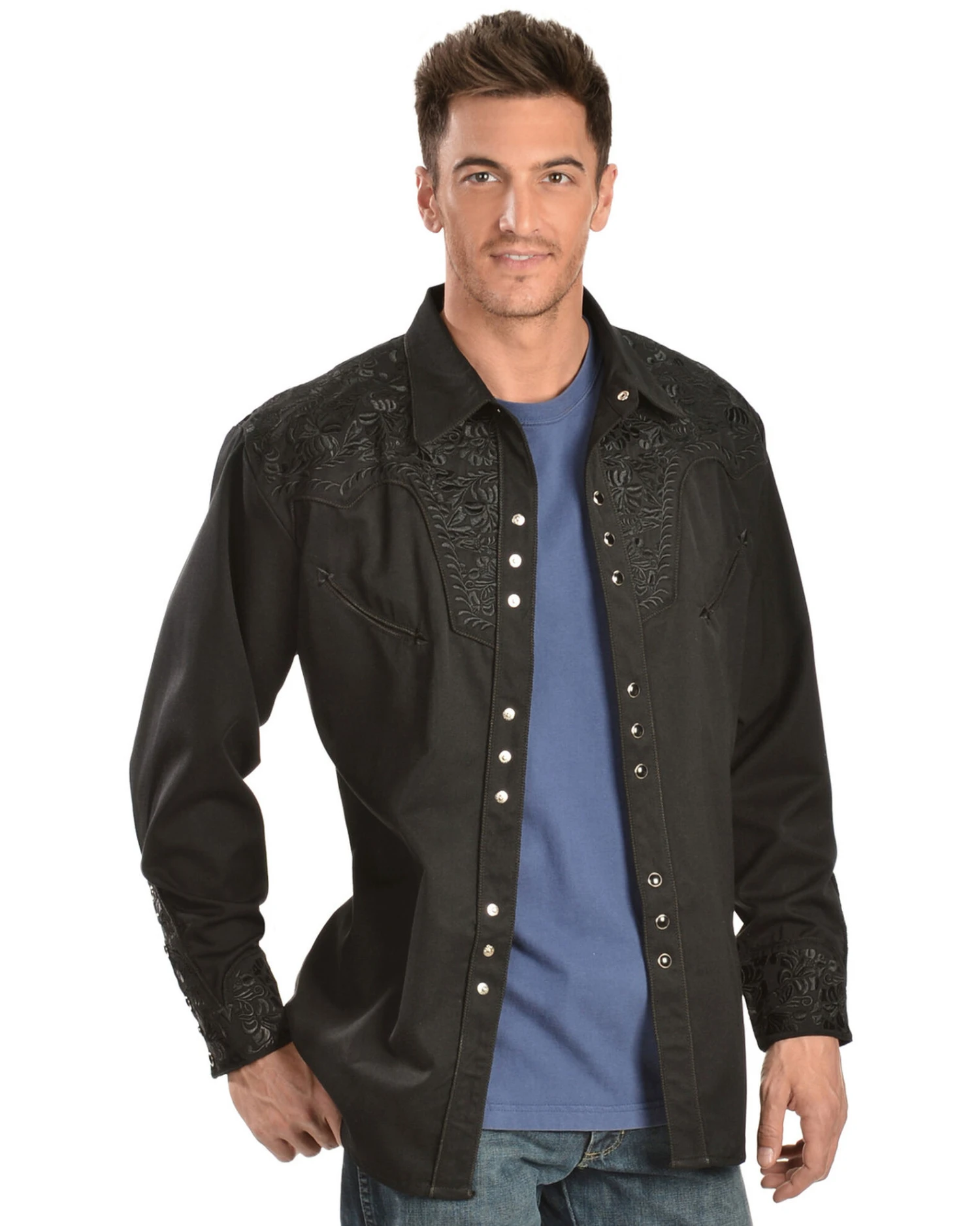 Scully Men's Black Floral Embroidered Retro Long Sleeve Western Shirt - Image 2