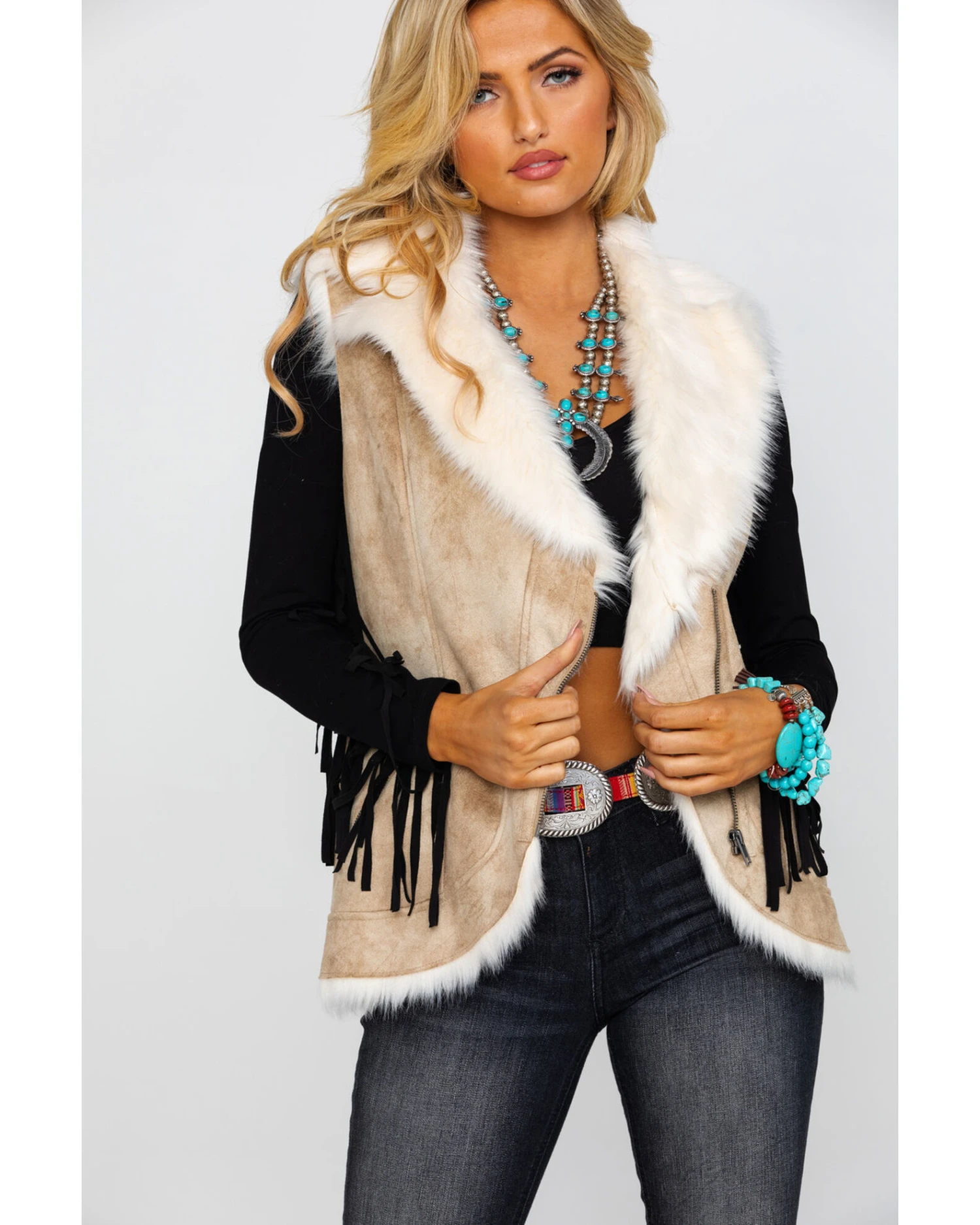Honey Creek By Scully Women's Beige Faux Fur Vest - Image 3