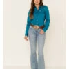 Cinch Women's Teal Solid Button Front Long Sleeve Western Shirt