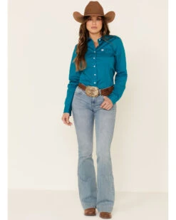 Cinch Women's Teal Solid Button Front Long Sleeve Western Shirt