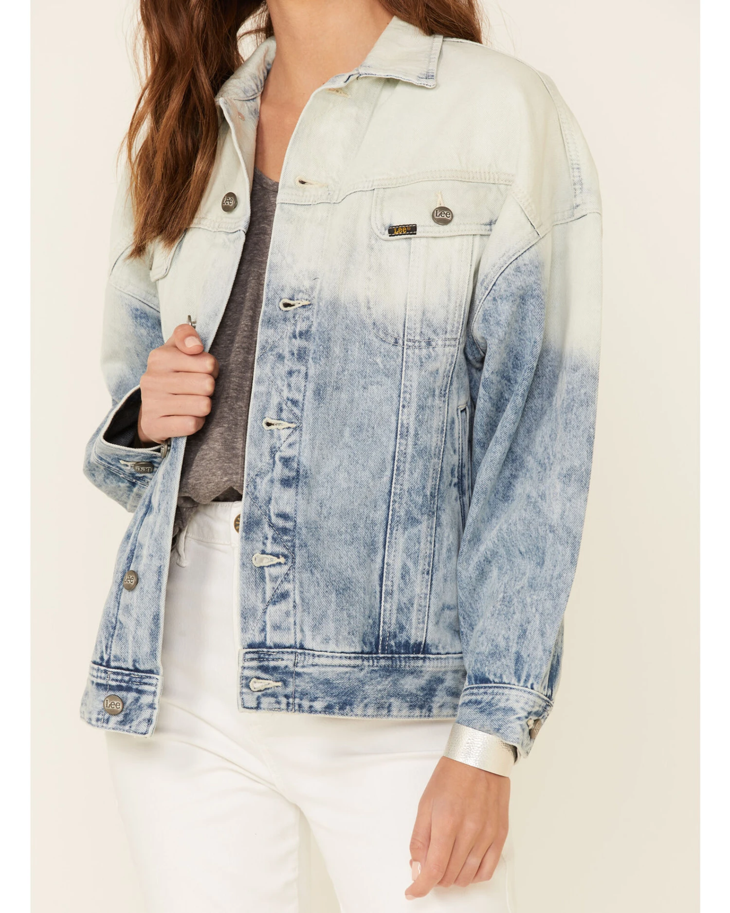 Lee Women's Light Acid Wash Oversized Denim Button Down Trucker Jacket - Image 3