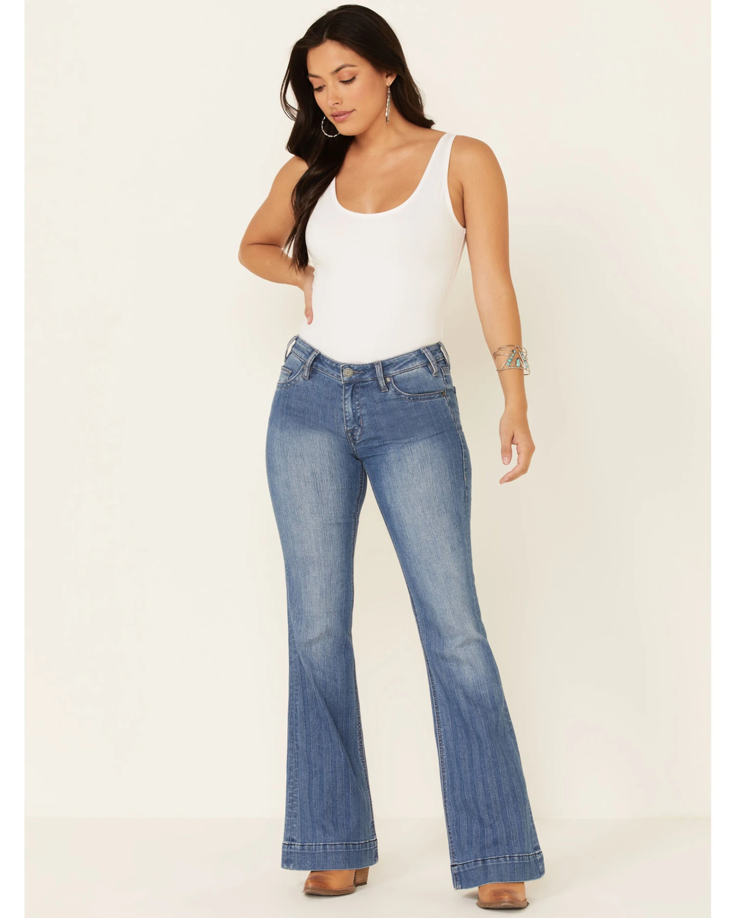 Rock & Roll Denim Women's Medium Wash Herringbone Stripe Mid Rise Trouser Jean - Image 4