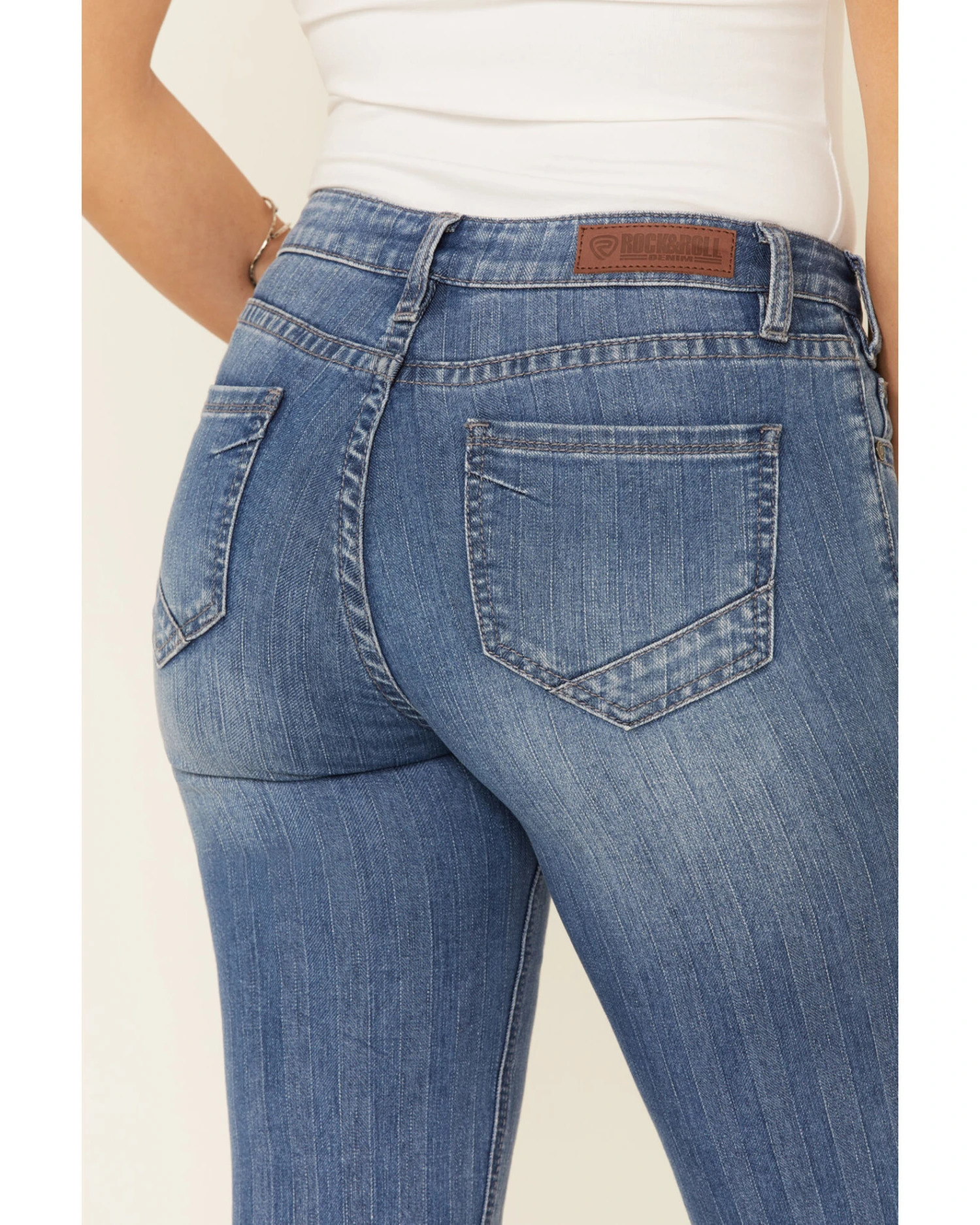 Rock & Roll Denim Women's Medium Wash Herringbone Stripe Mid Rise Trouser Jean - Image 3