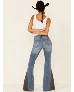 Shyanne Women's Mid Wash Crochet Embroidered Inset High Rise Flare Denim Jeans