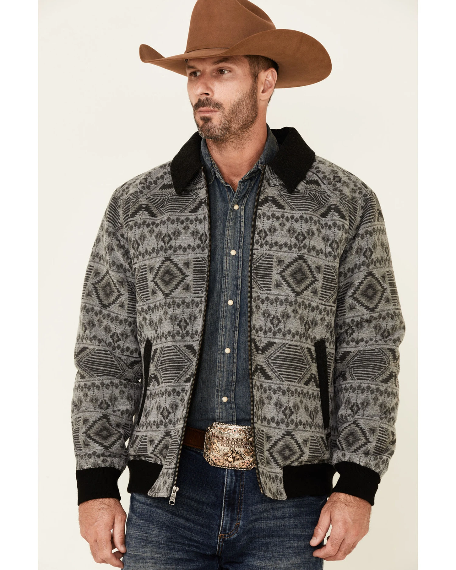 Powder River Outfitters Men's Charcoal Southwestern Print Wool Zip-Front Bomber Jacket - Image 2