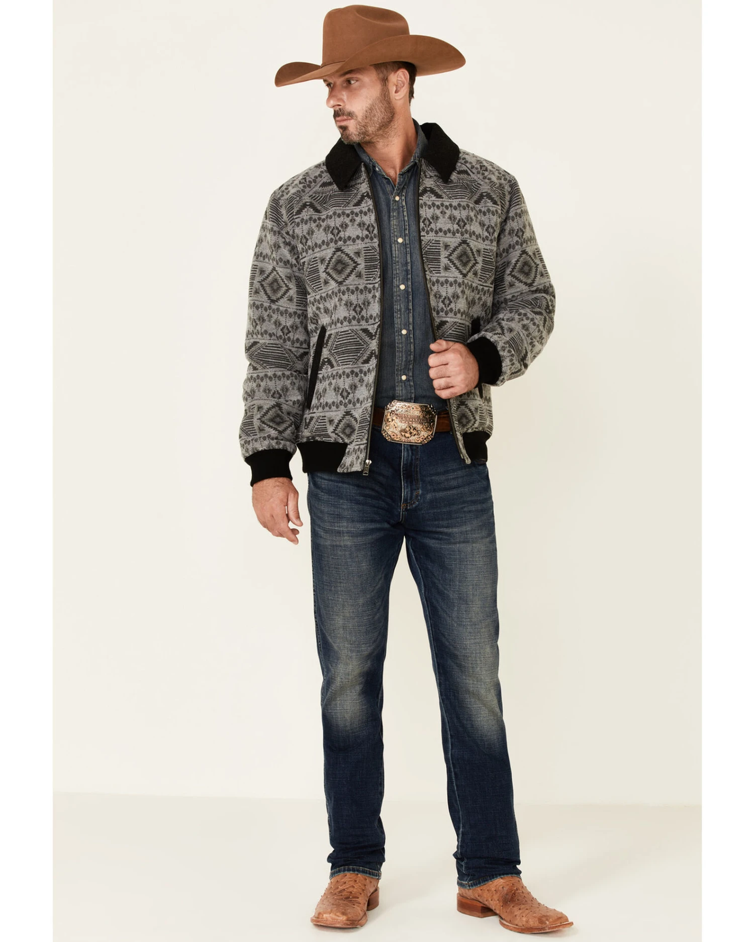 Powder River Outfitters Men's Charcoal Southwestern Print Wool Zip-Front Bomber Jacket