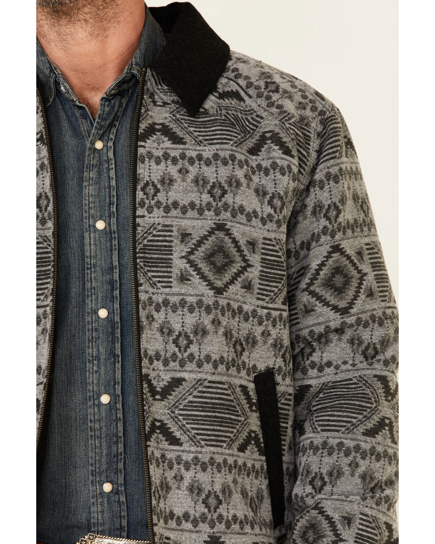 Powder River Outfitters Men's Charcoal Southwestern Print Wool Zip-Front Bomber Jacket - Image 4