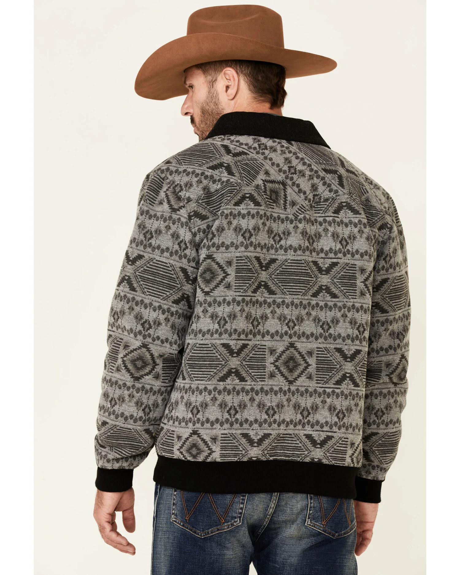 Powder River Outfitters Men's Charcoal Southwestern Print Wool Zip-Front Bomber Jacket - Image 3