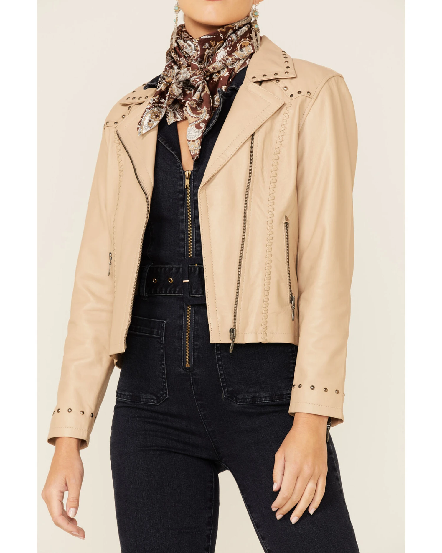 Cripple Creek Women's Studded Lamb Nappa Zip-Front Leather Jacket - Image 2