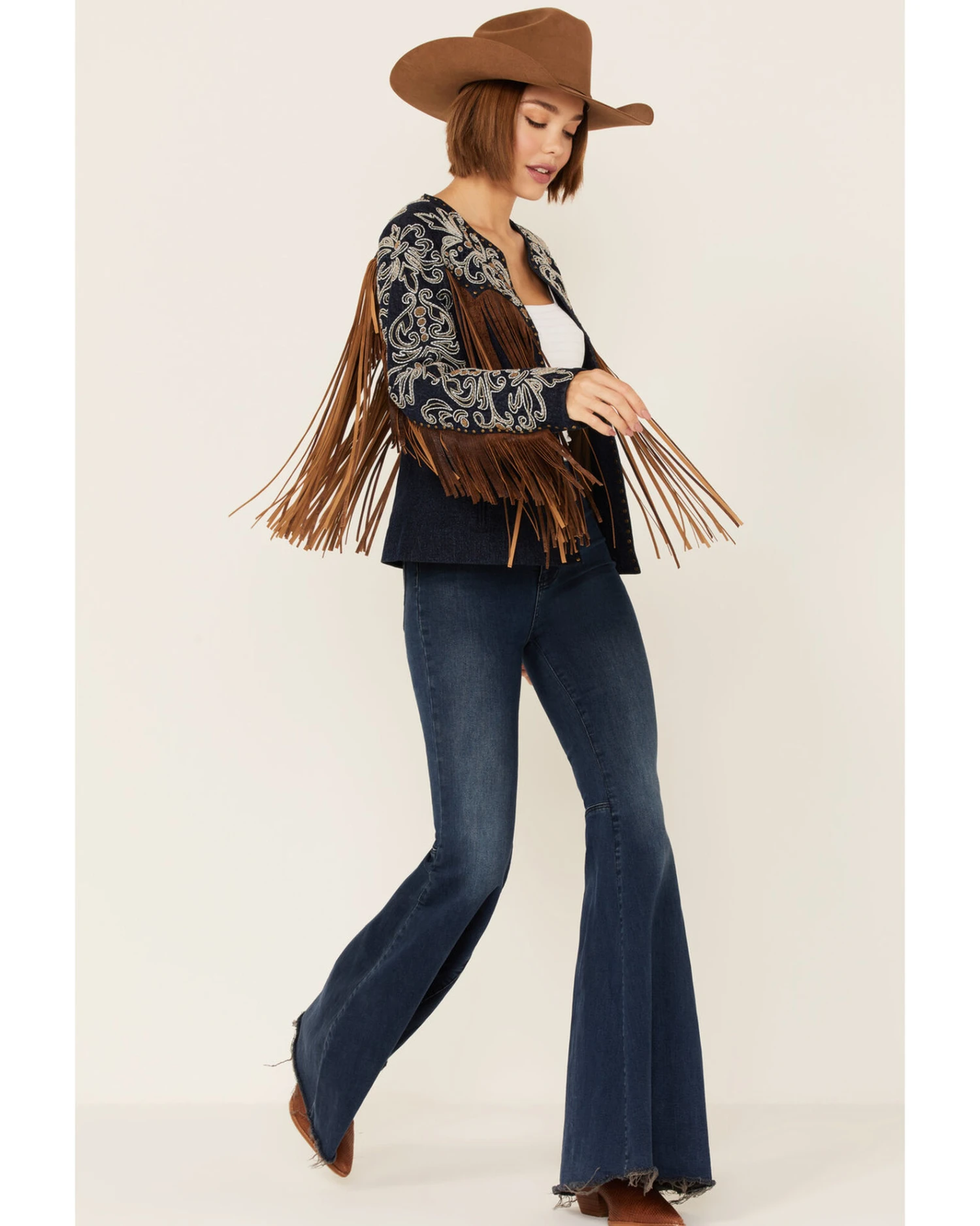 Scully Women's Demin Embroidered Floral & Beaded Stud Fringe Leather Jacket - Image 4