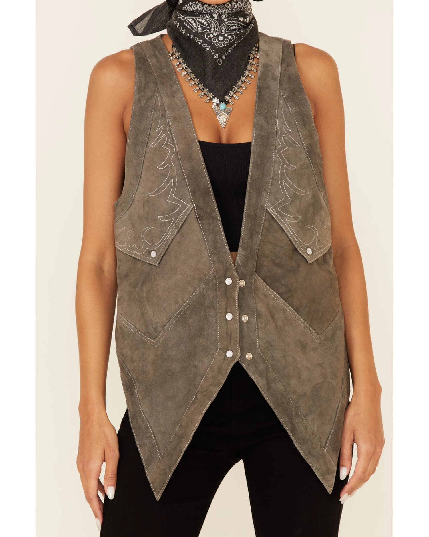 Understated Leather Women's Suede Embroidered Snap-Front Fleece Vest - Image 4