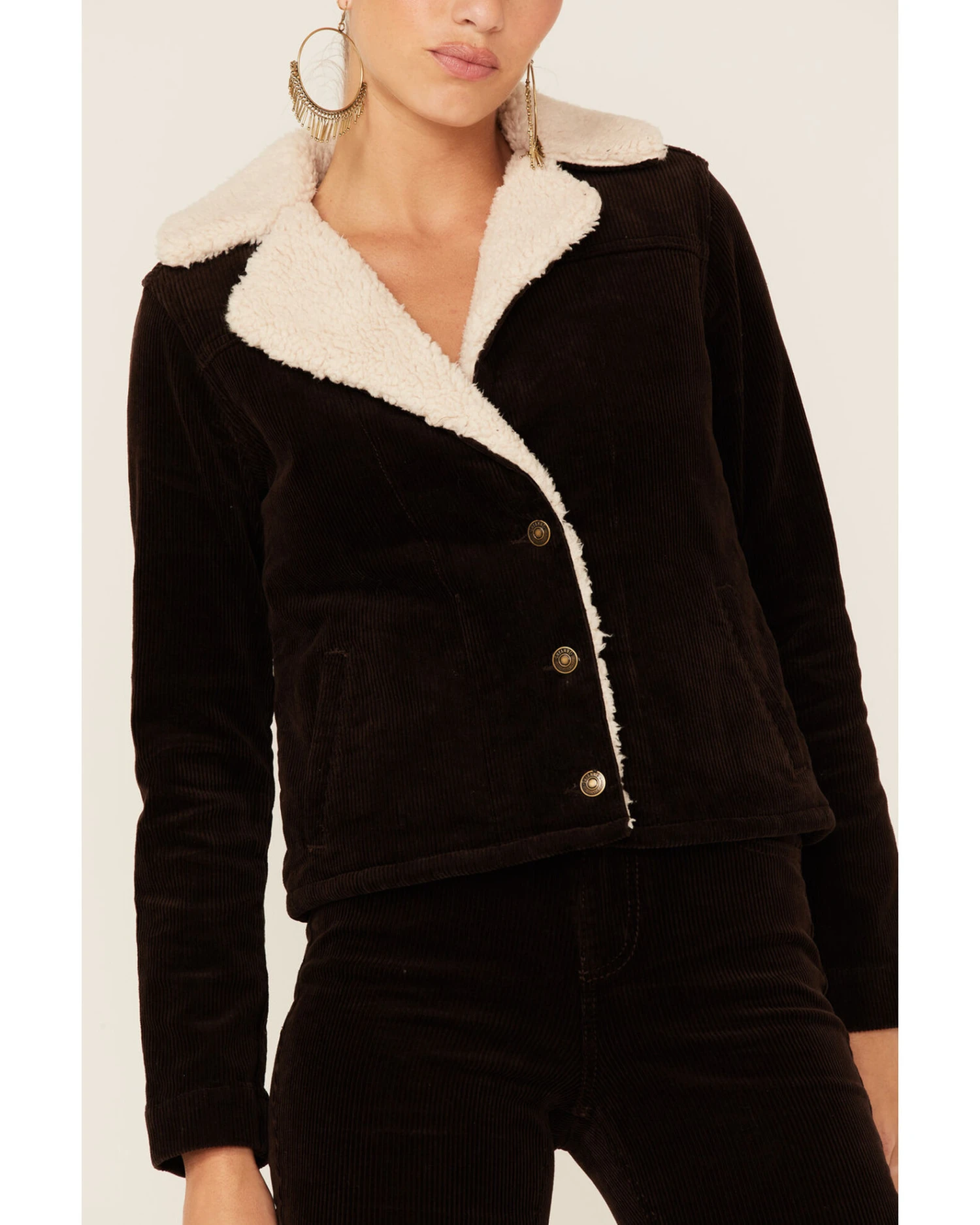 Shyanne Women's Dark Brown Cord Sherpa Button-Front Moto Jacket - Image 3