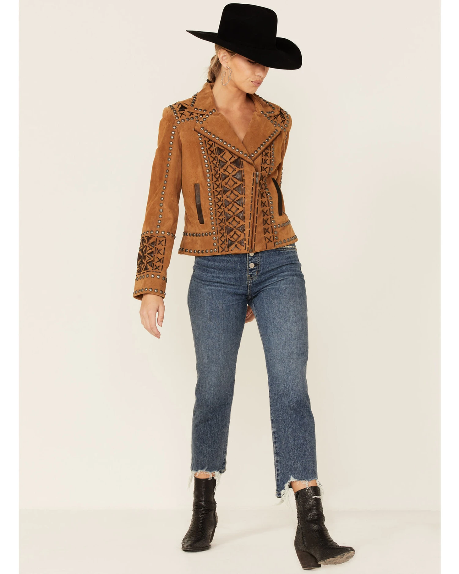 Double D Ranch Women's Tramp Art Zip-Front Leather Suede Jacket