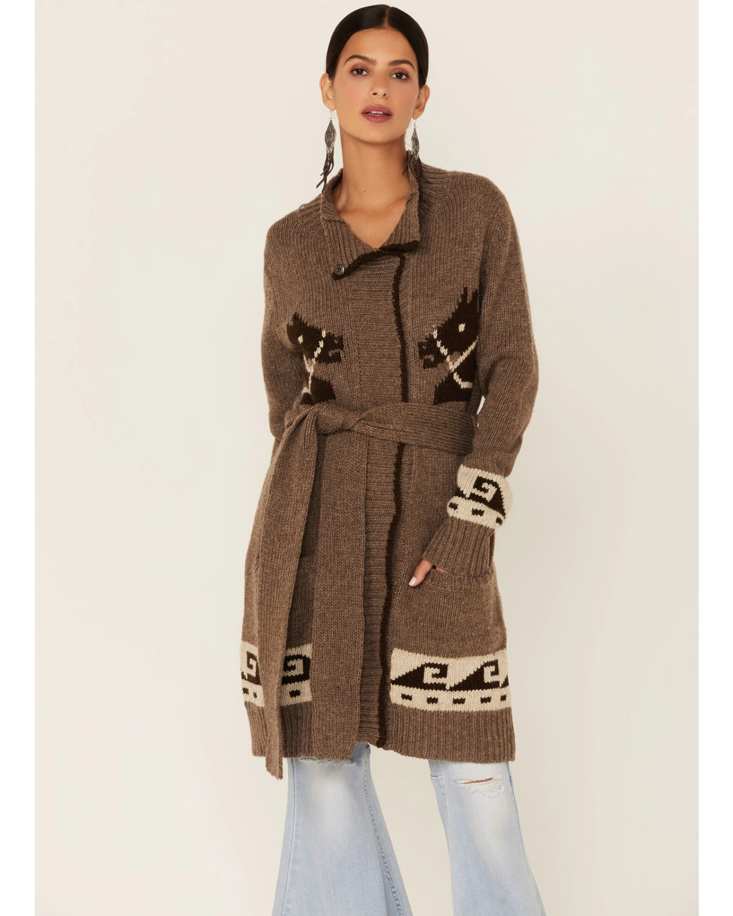 Stetson Women's Horse Motif Belted Knit Wool Blend Cardigan - Image 3