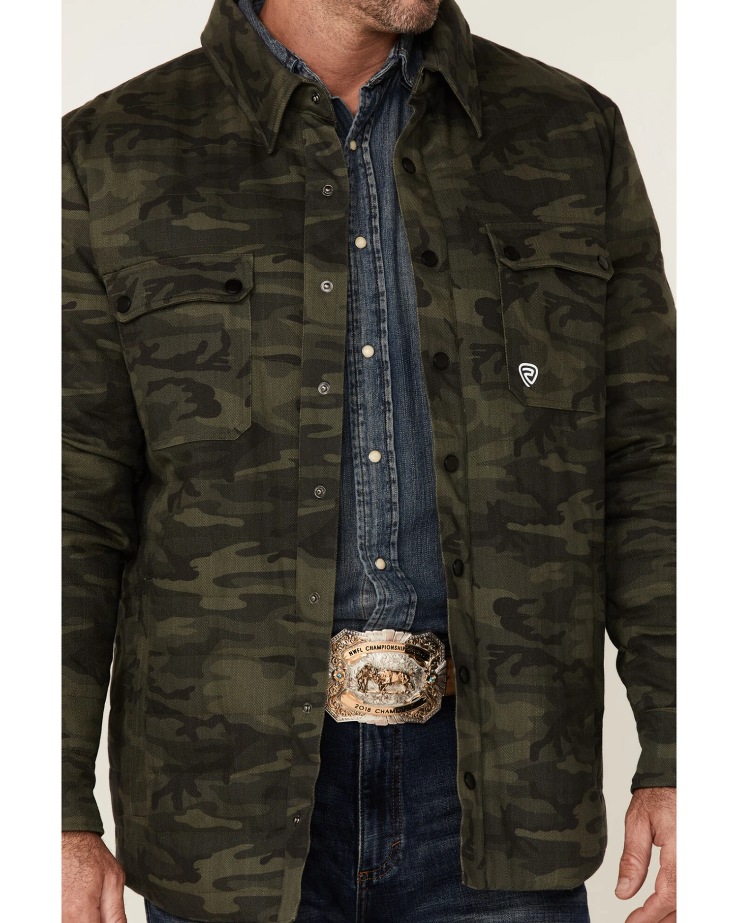 Rock & Roll Denim Men's Camo Print Twill Puffer Snap-Down Shirt Jacket - Image 3