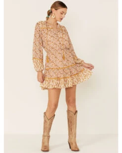 Miss Me Women's Ditsy Floral Long Sleeve Peasant Mini Dress