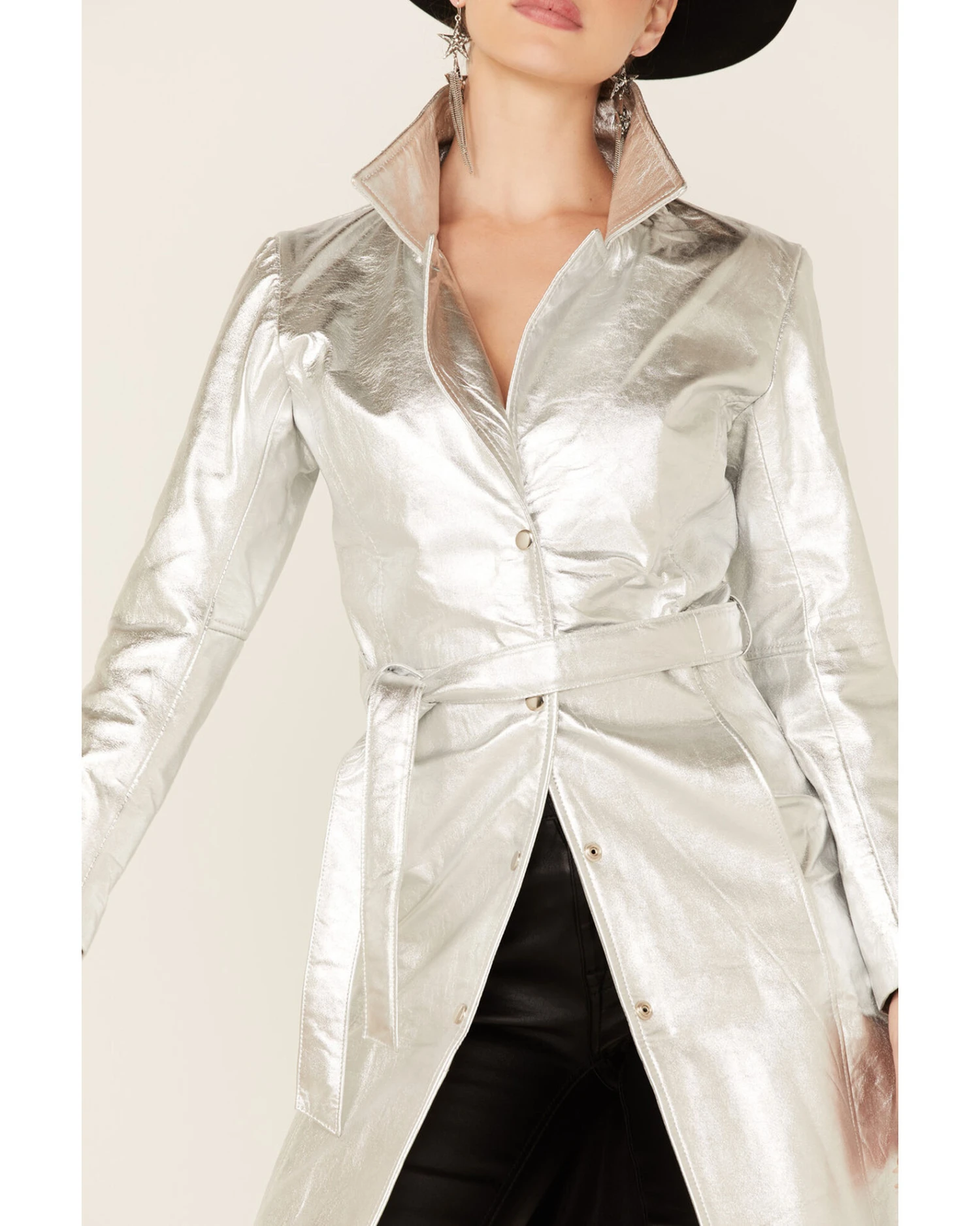Understated Leather Women's Silver Metallic Moondust Trench Coat