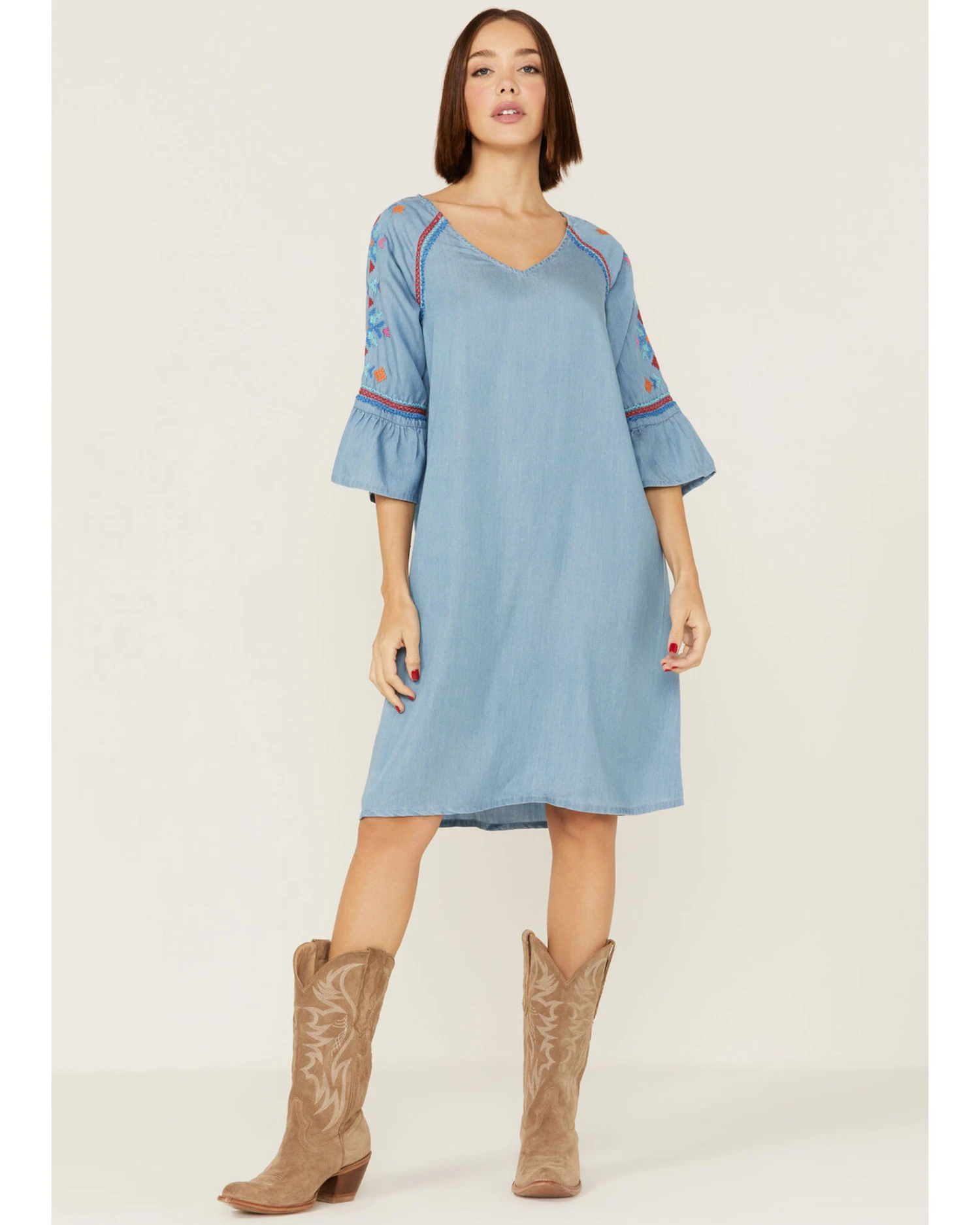 Roper Women's Southwestern Embroidered Bell Sleeve Denim Dress - Image 4