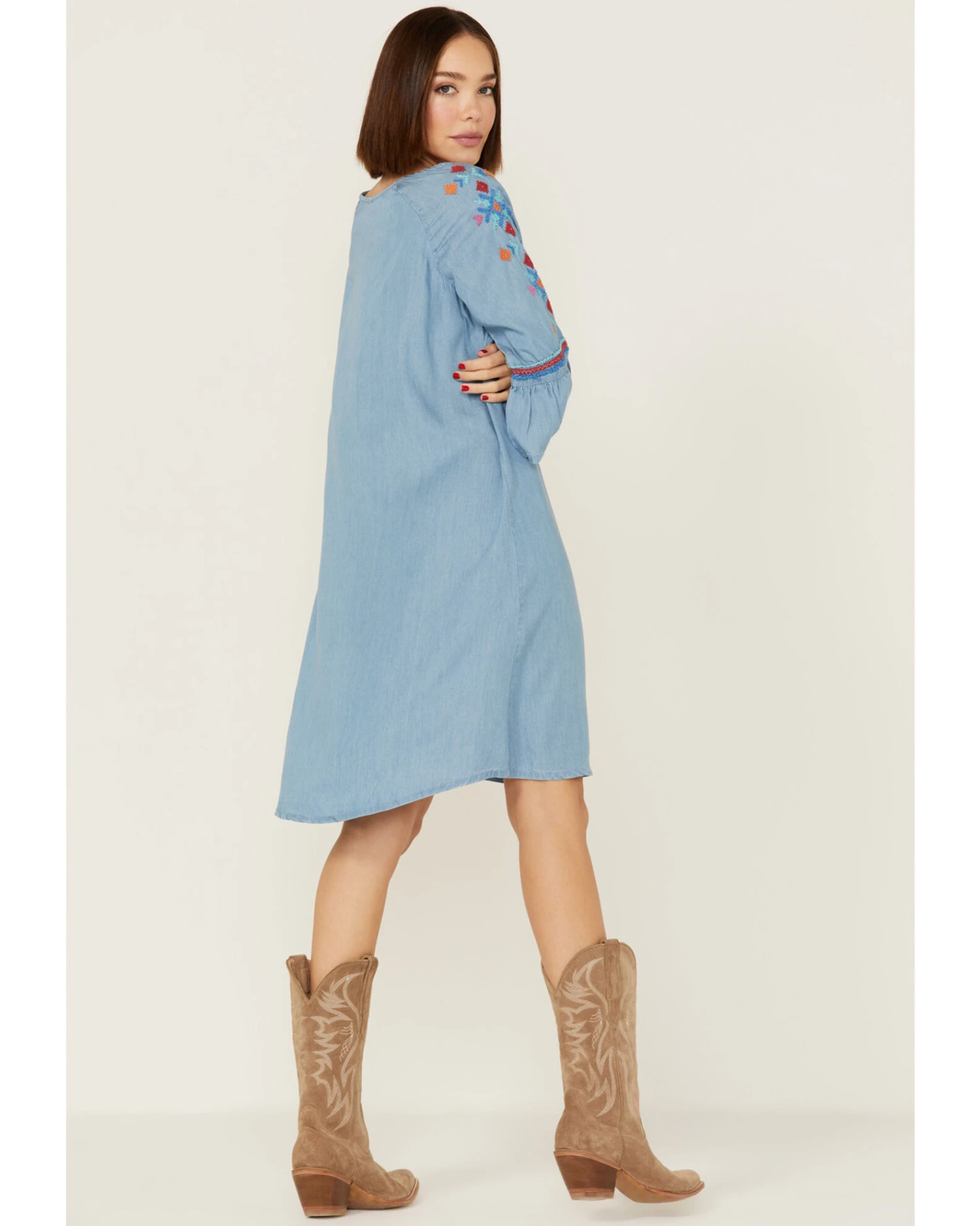 Roper Women's Southwestern Embroidered Bell Sleeve Denim Dress