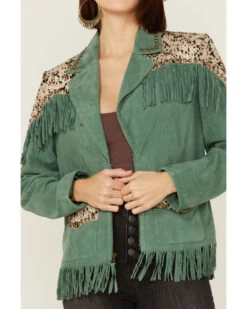 Double D Ranch Women's Chrome Fringe Animal Print Suede Jacket