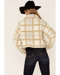 Vigoss Women's Ivory Grid Print Cropped Sherpa Jacket