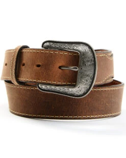 Heritage Leather Men's Brown Vintage Etched Buckle Leather Belt