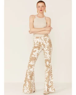 Saints & Hearts Women's Cow Print High Rise Raw Hem Flare Jeans
