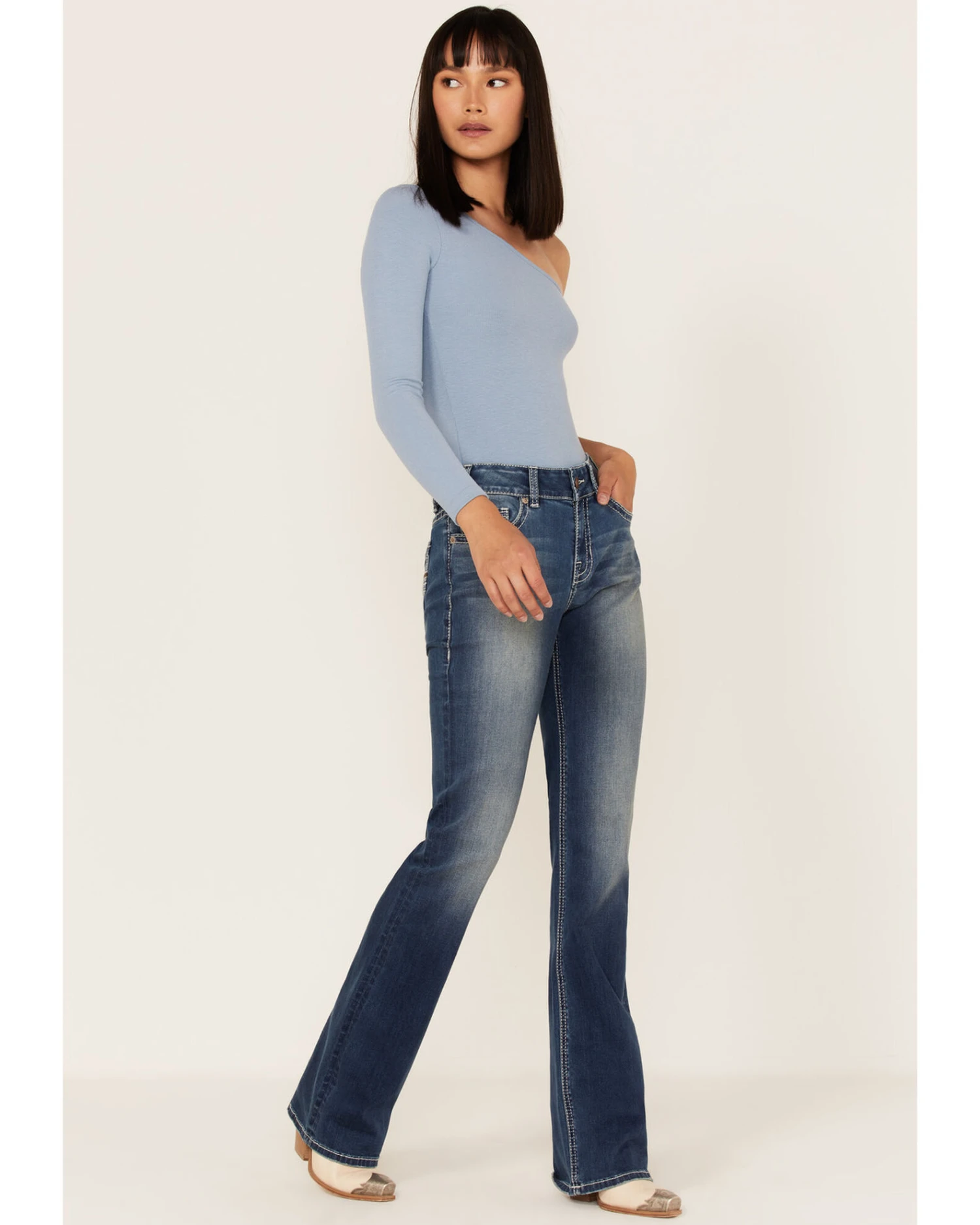 Rock & Roll Denim Women's Medium Wash Mid Rise Riding Straight Jeans - Image 2