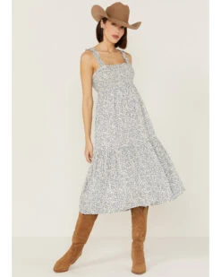 Lush Women's Blue Floral Smocked Midi Dress