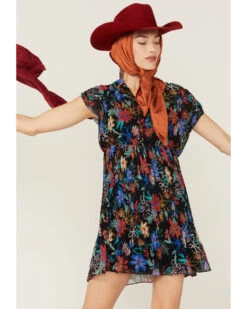 Molly Bracken Women's Floral Print Pleated Short Sleeve Dress