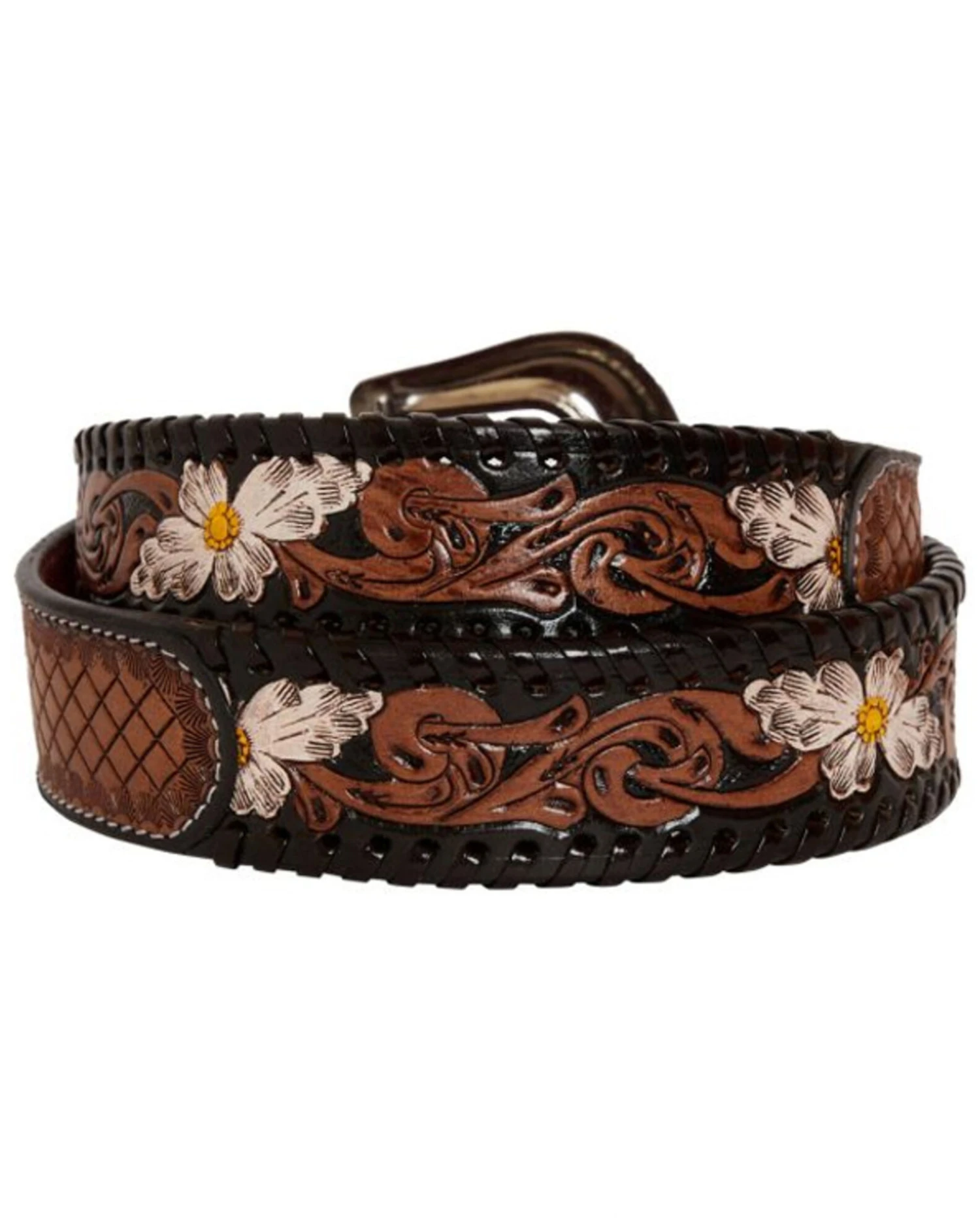 Myra Bag Women's Checkered Brown Hand Tooled Leather Belt - Image 2