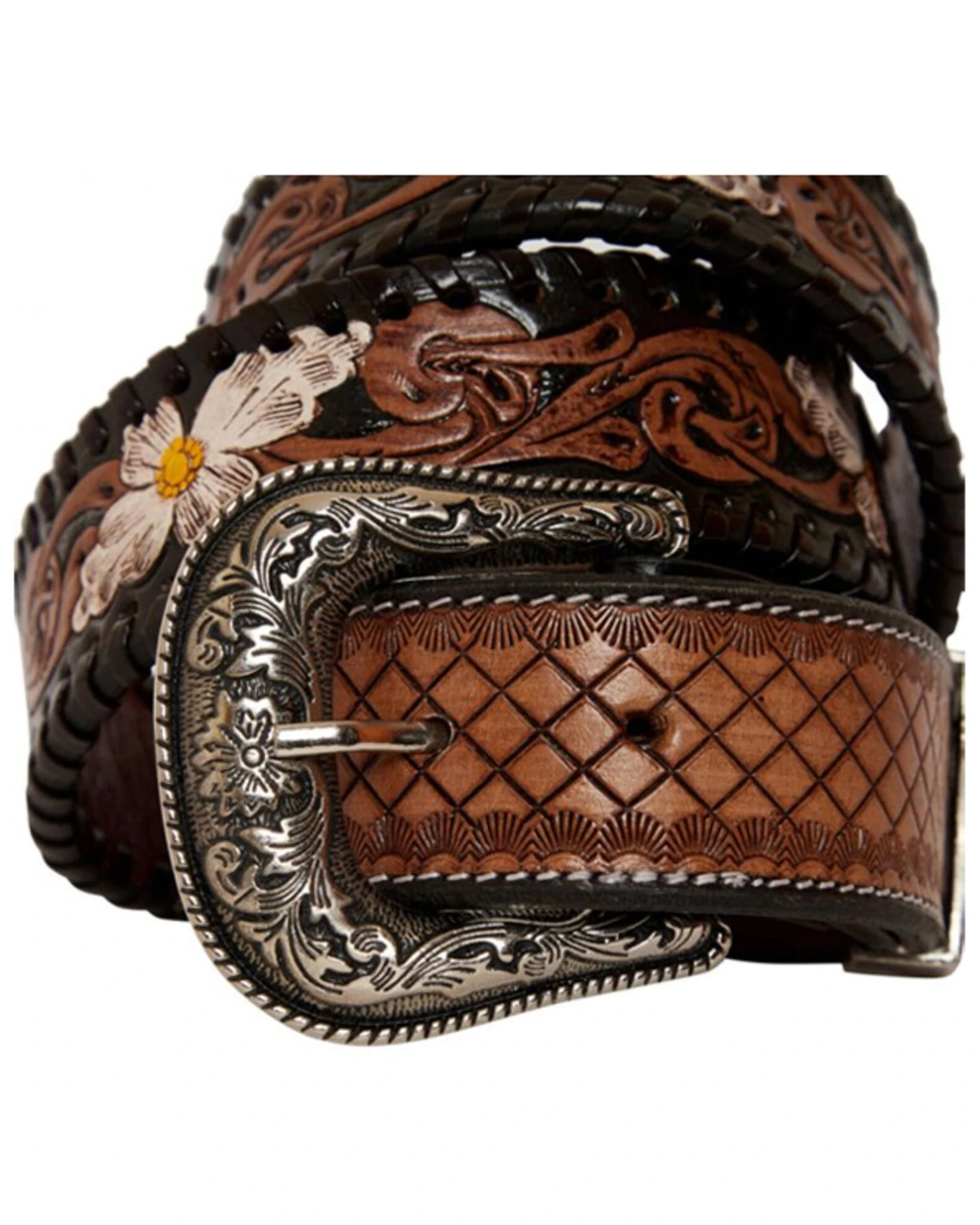 Myra Bag Women's Checkered Brown Hand Tooled Leather Belt - Image 3