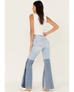 Shyanne Women's Two Tone Seamed Light Wash High Rise Flare Jeans