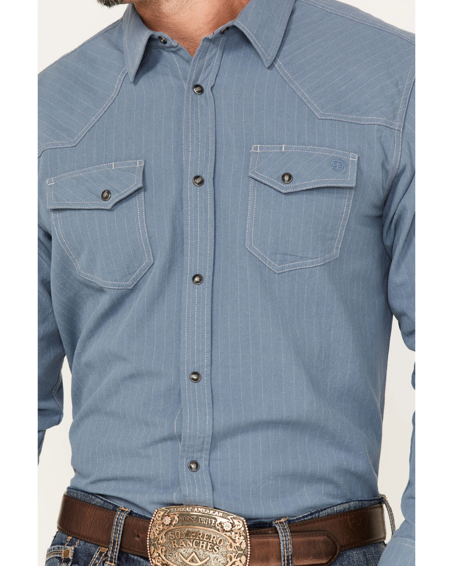 Blue Ranchwear Men's Ticking Stripe Snap Western Workshirt - Image 3
