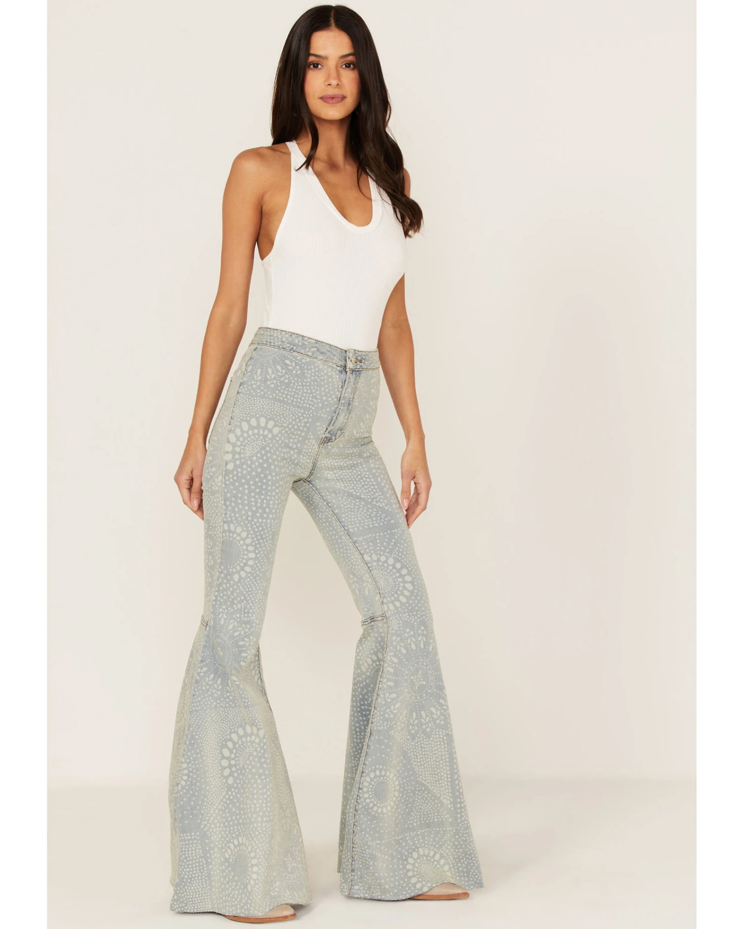 Free People Women's Light Wash High Rise Geo Print Just Float On Flare Jeans - Image 3