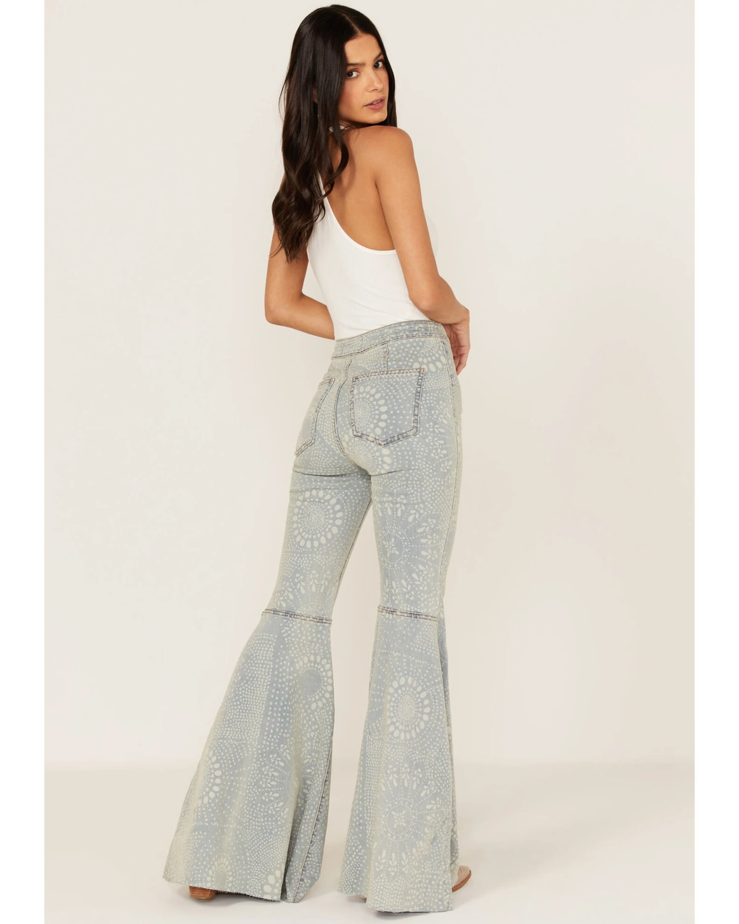 Free People Women's Light Wash High Rise Geo Print Just Float On Flare Jeans - Image 4