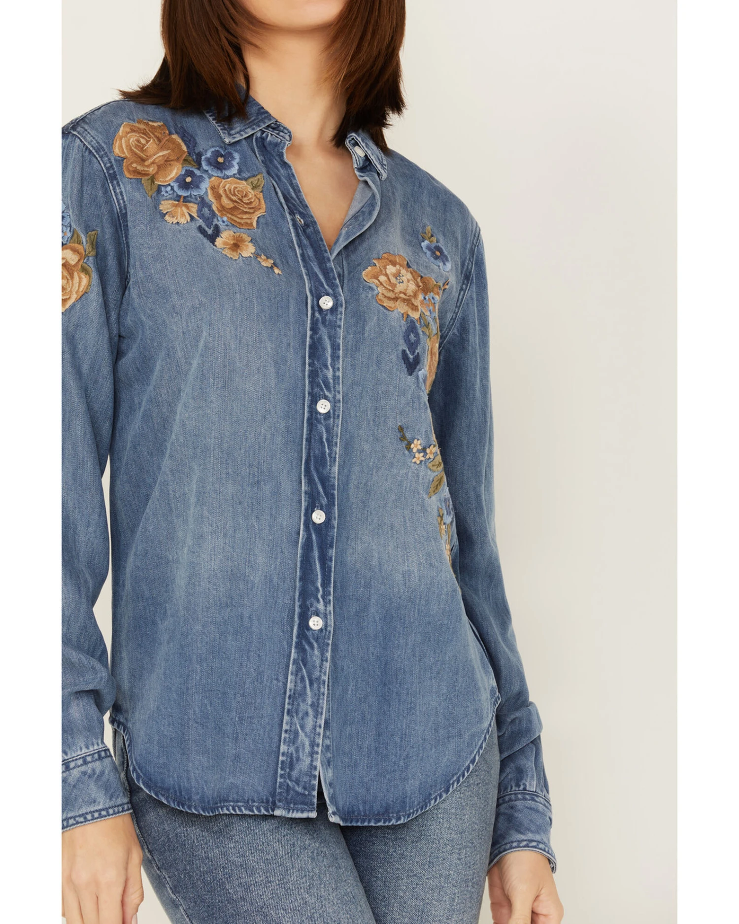 Stetson Women's Floral Embroidered Medium Wash Long Sleeve Button Down Shirt - Image 3