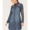 Stetson Women's Floral Embroidered Medium Wash Denim Long Sleeve Dress