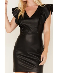 Flying Tomato Women's Faux Leather Ruffle Sleeve Dress