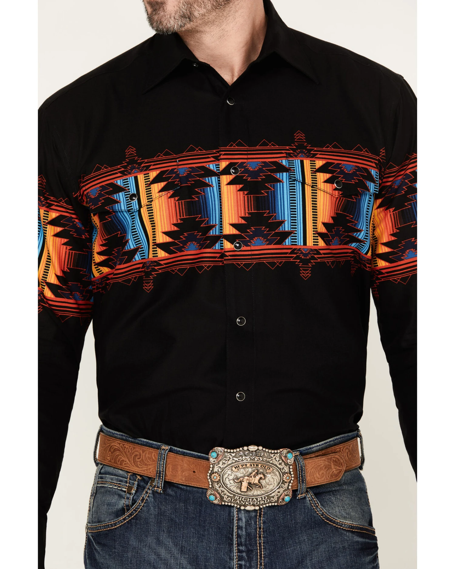 Panhandle Men's Southwestern Border Long Sleeve Western Snap Shirt