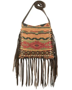 American West Women's Southwestern Tapestry Studded Fringe Crossbody Messenger