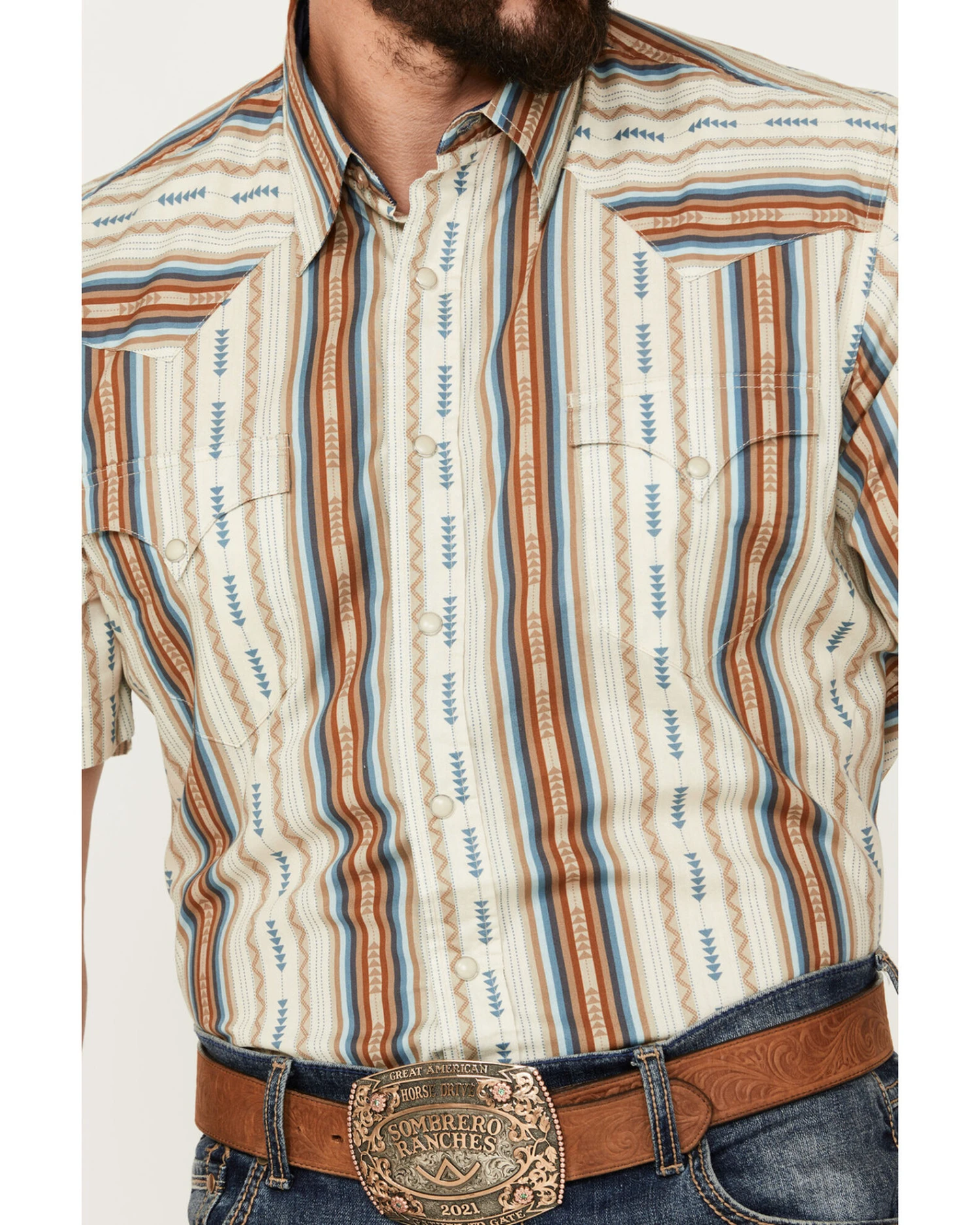 Roper Men's West Made Southwestern Striped Print Short Sleeve Snap Western Shirt - Image 2