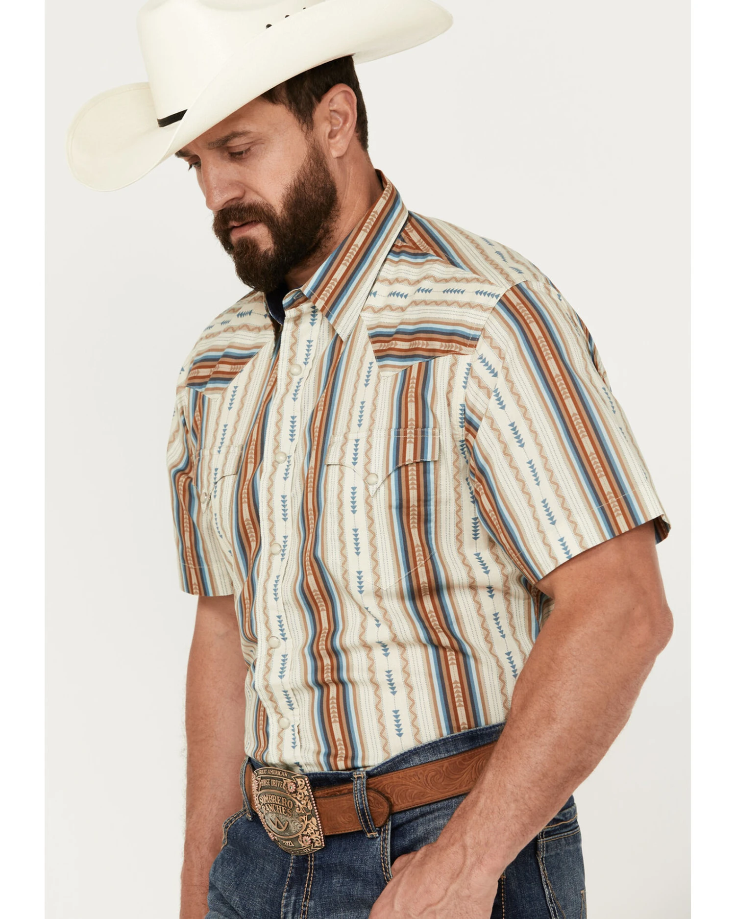 Roper Men's West Made Southwestern Striped Print Short Sleeve Snap Western Shirt - Image 3