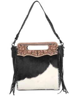 Montana Silversmiths Montana West Women's Black & White Leather Hand Tooled Hair-on Concealed Carry Hobo Handbag