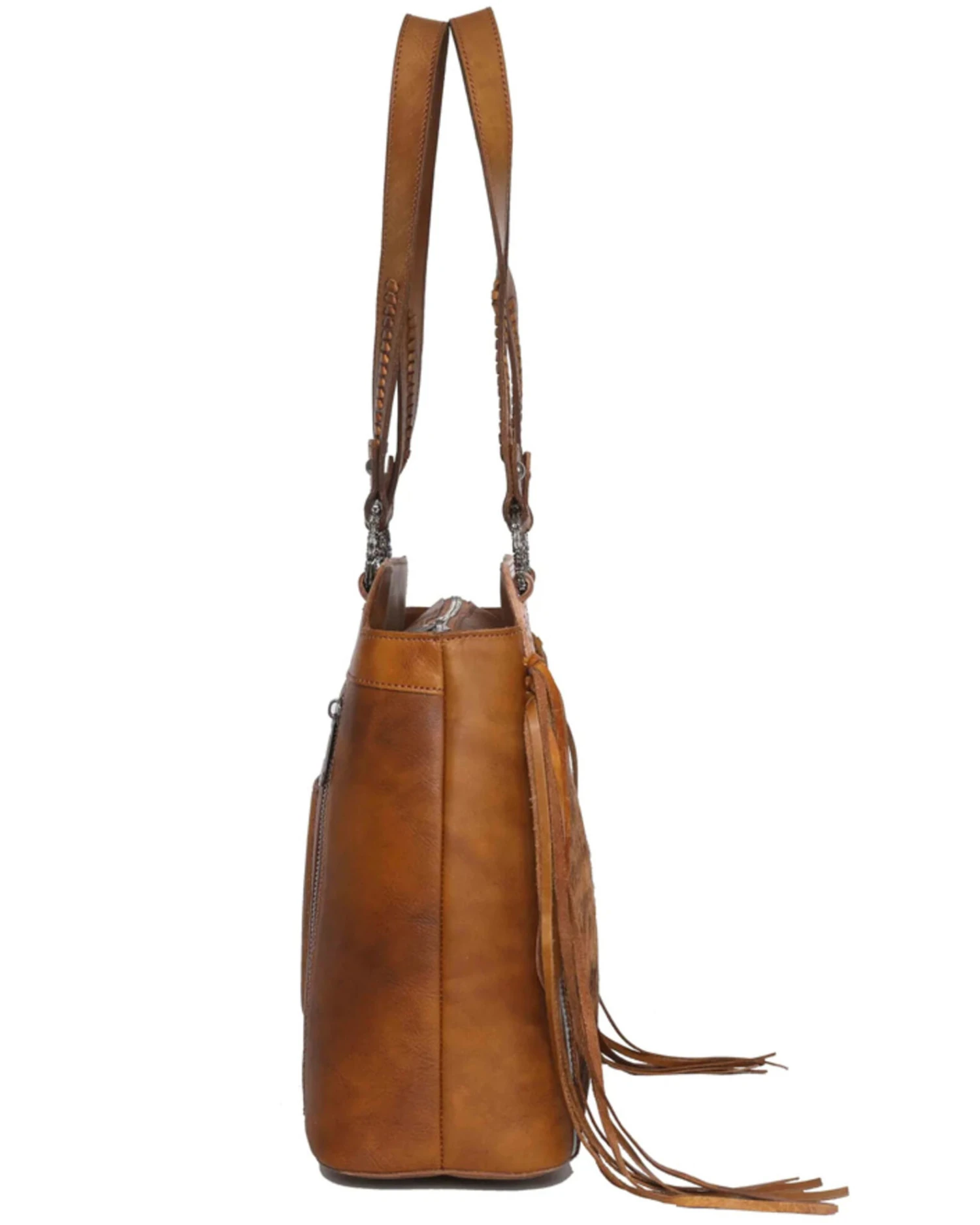 Montana West Women's Brown Floral Tooled Hair-On Leather Concealed Carry Tote Bag - Image 4