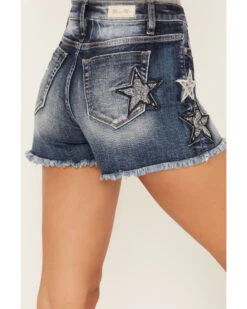 Miss Me Women's Dark Wash High Rise Star Paisley Patch Print Frayed Shorts
