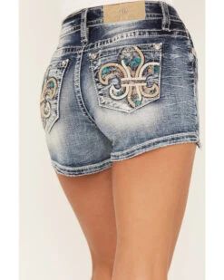 Miss Me Women's Medium Wash Mid Rise Leather Fleur De Lis Denim Shorts